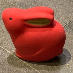 Vintage Minimalist Red Clay Rabbit Figurine with Gold Accents